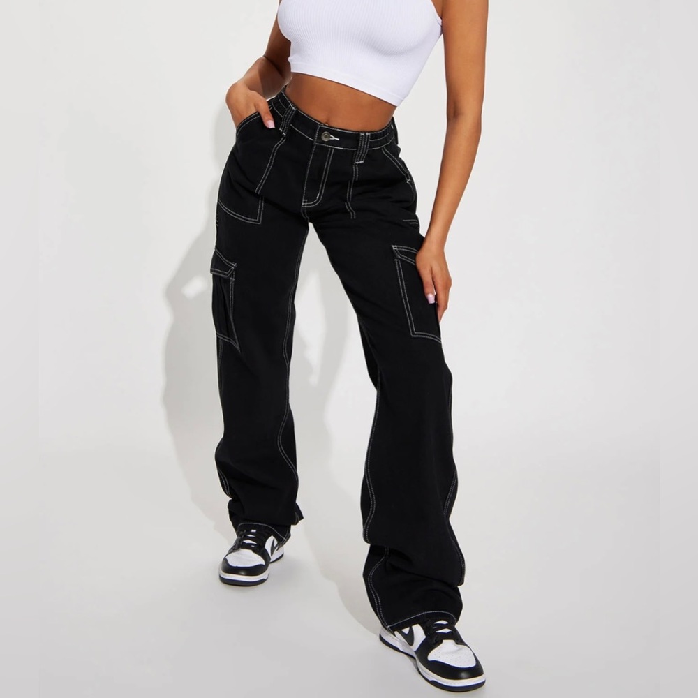 NEW Black High Waisted Wide Leg Cargo Pants Jeans US